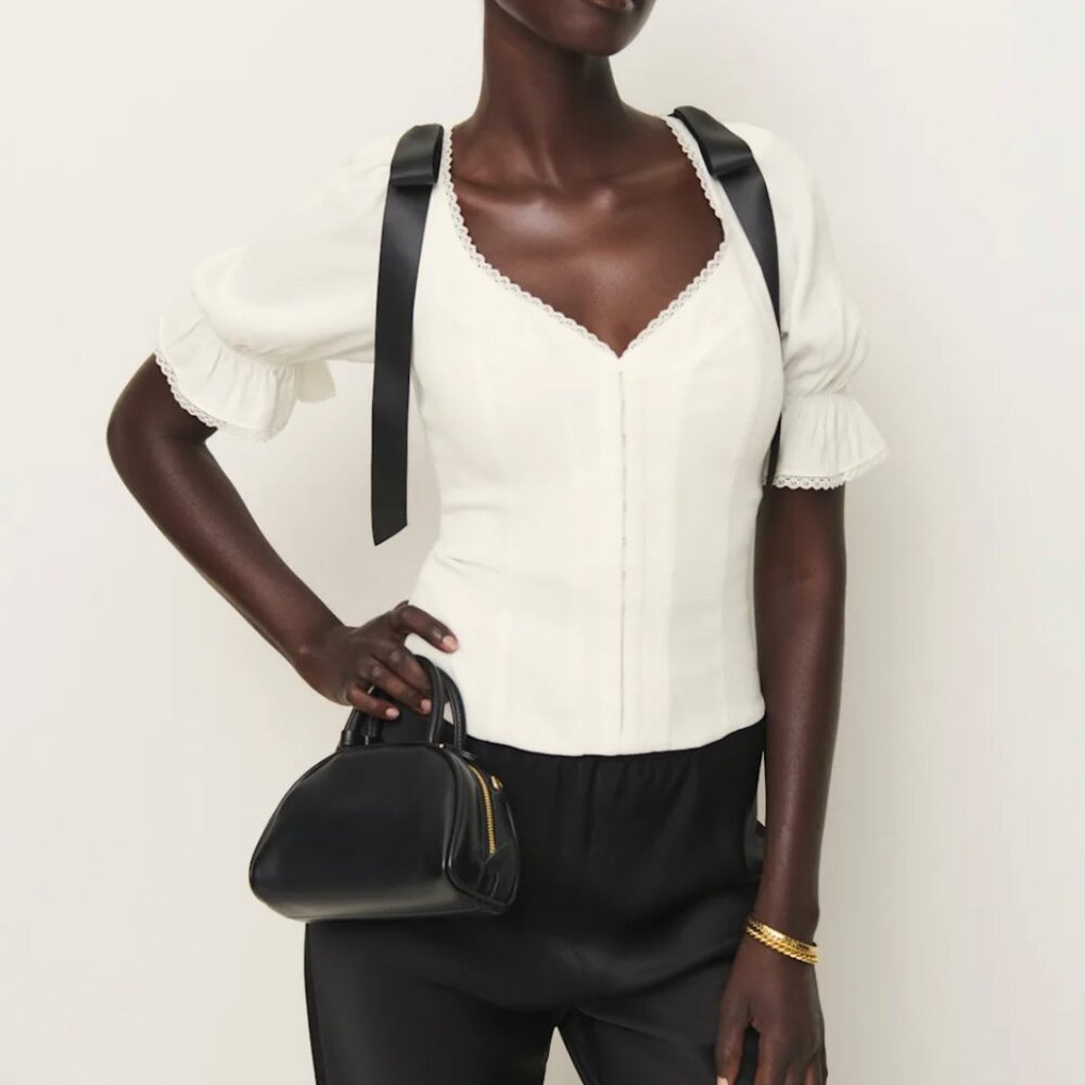 Reformation Inara Top Satin Bow Top | White Black | Size 2 Small